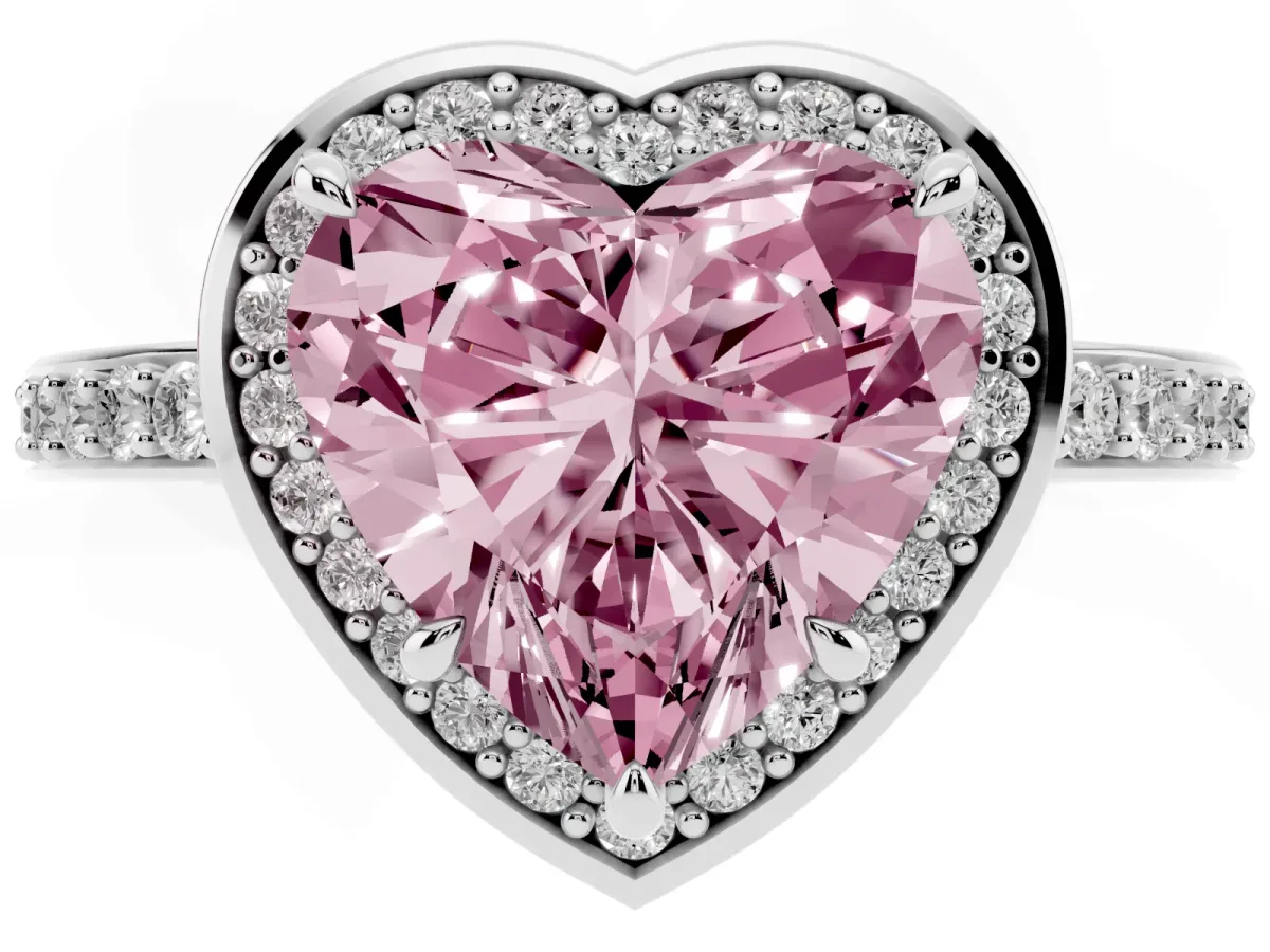 Fancy Pink Heart Cut Halo Pave Band Solitaire Ring with Prong Setting Silver