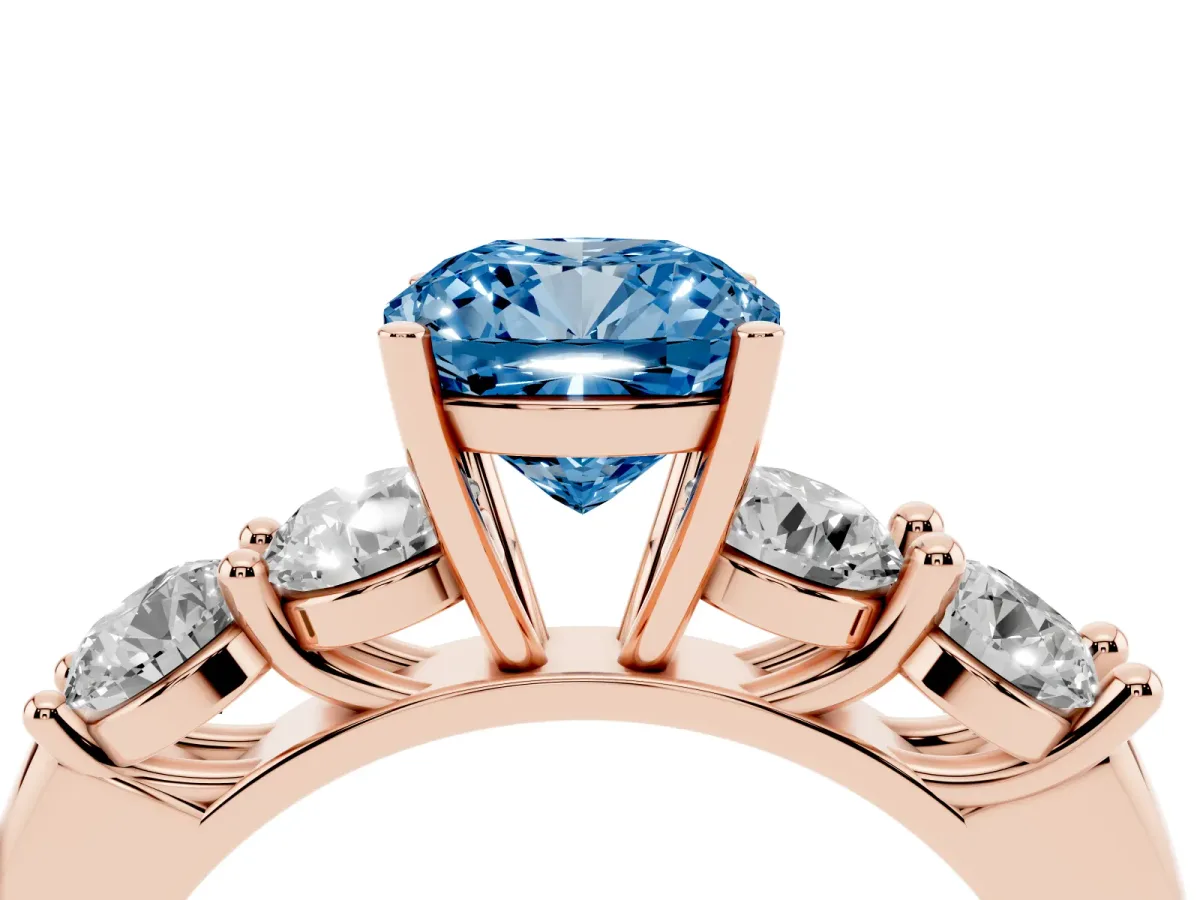 Fancy Blue Cushion Cut Cut Five-Stone Prong Set Diamond Ring with Classic Band Rose gold