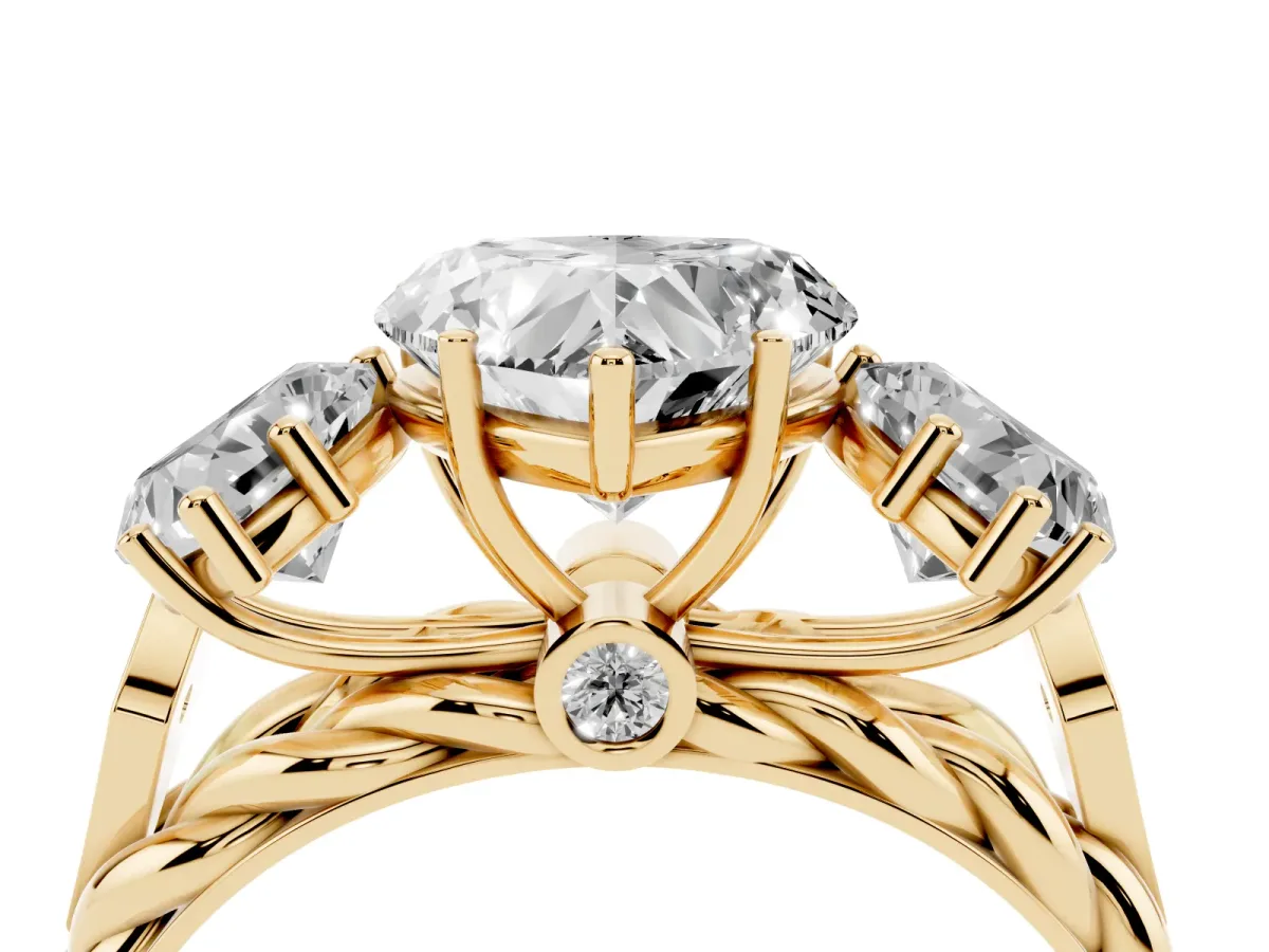 Three-Stone Heart Cut Diamond Braided Band Ring with Four-Prong Setting Yellow gold