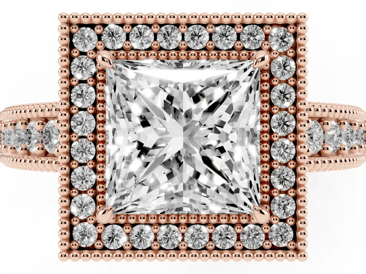 Princess Cut Cut Halo Diamond Ring with Pavé Band and Four-Prong Setting Rose gold