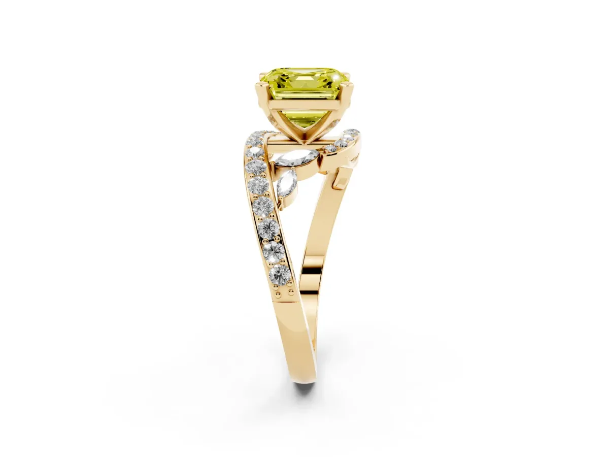 Fancy Yellow Asscher Cut Solitaire with Pavé Twist Band and Four-Prong Setting Yellow gold