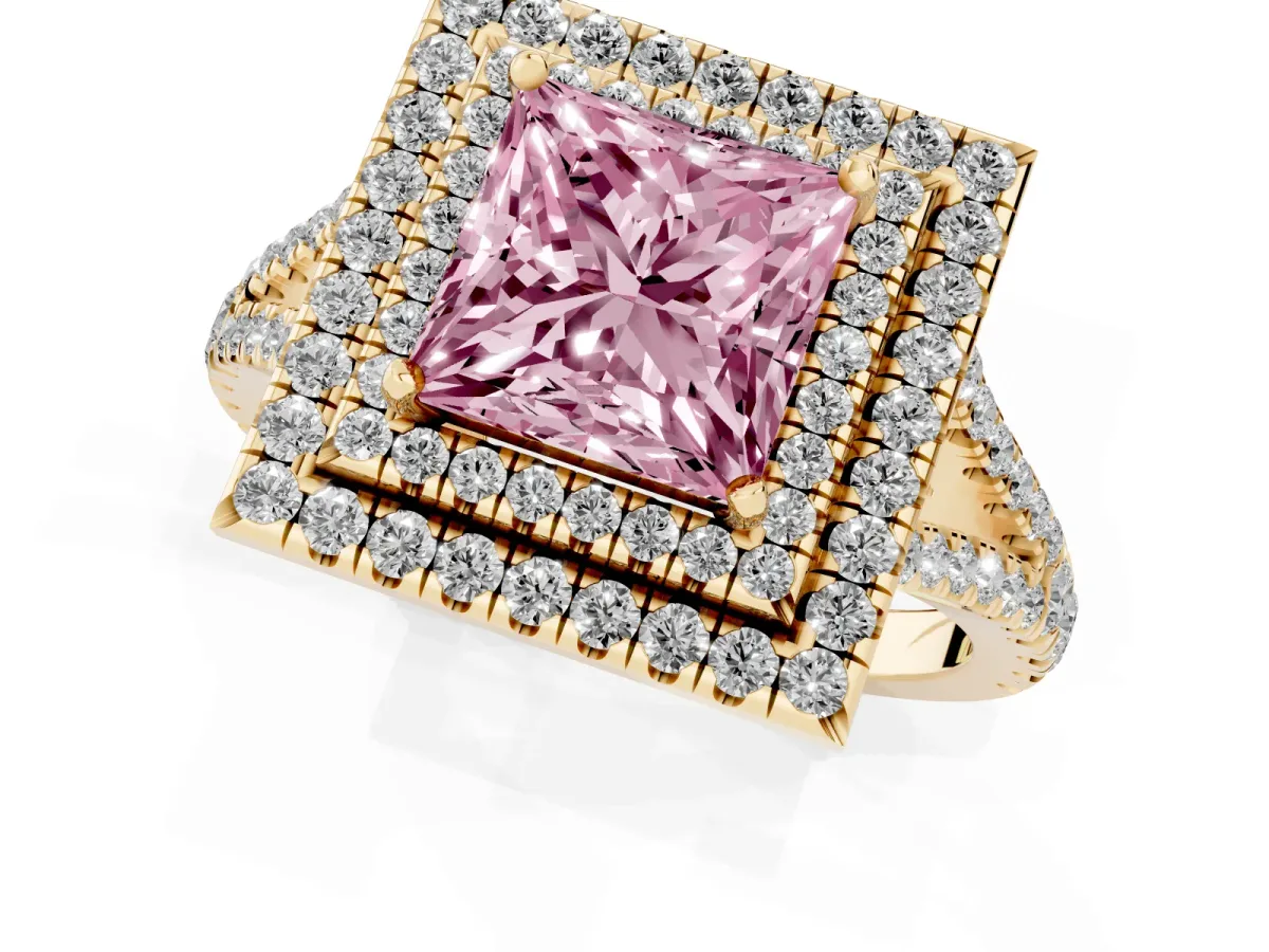 Fancy Pink Princess Cut Diamond Double Halo Ring with Pavé Band and Prong Setting Yellow gold