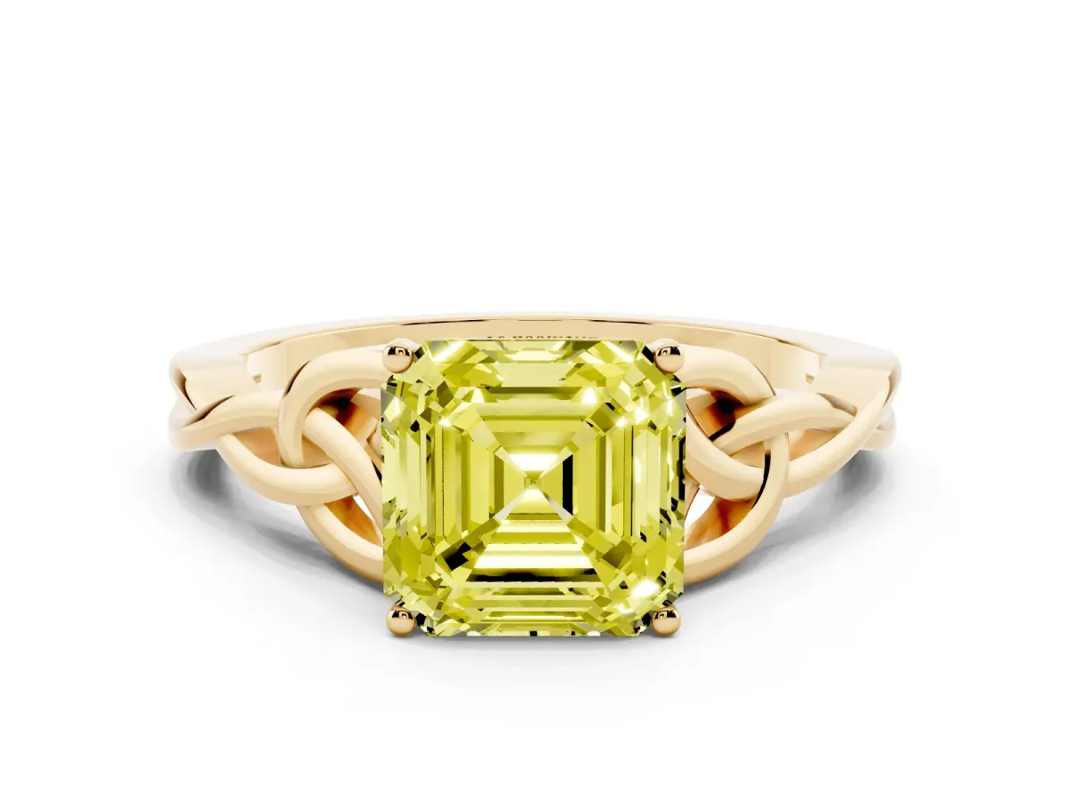 Fancy Yellow Asscher Cut Diamond Solitaire Engagement Ring with Celtic Knot Band and Four-Prong Setting Yellow gold