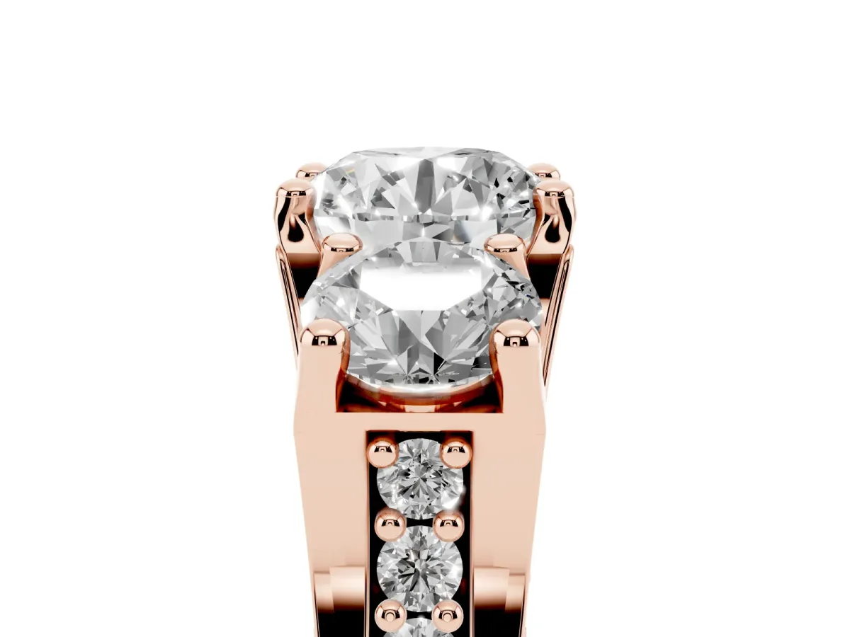 Round Cut Diamond Three-Stone Ring with Channel Set Band and Four-Prong Setting Rose gold