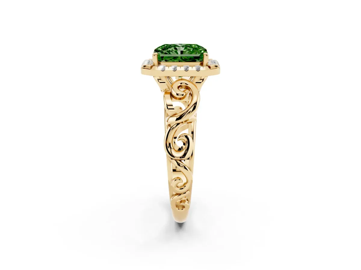 Fancy Green Radiant Cut Cut Halo Diamond Ring with Scrollwork Band and Four-Prong Setting Yellow gold
