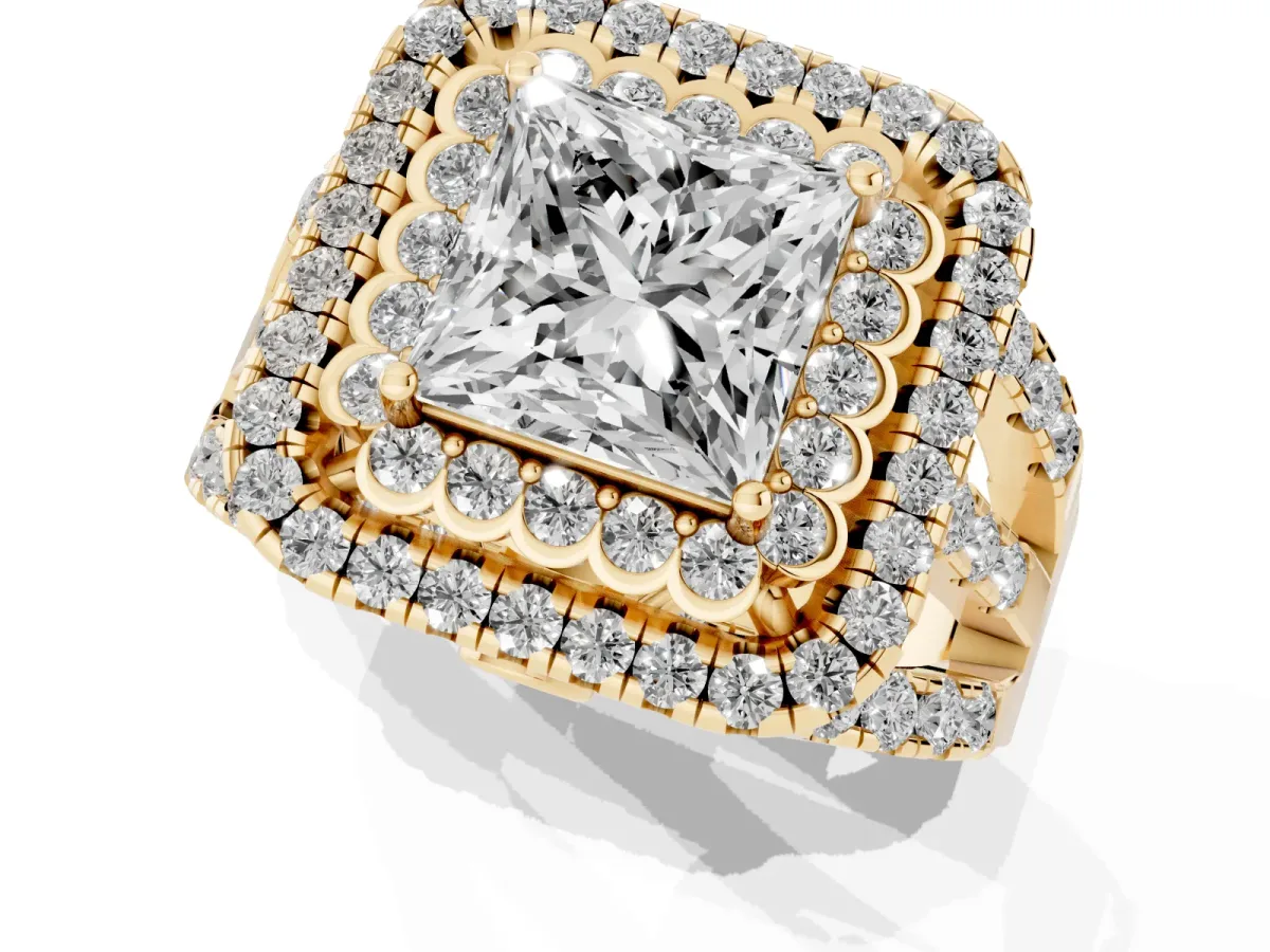Princess Cut Diamond Double Halo Ring with Round Pavé Split Shank and Prong Setting Yellow gold