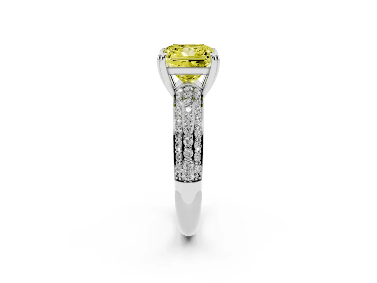 Fancy Yellow Princess Cut Diamond Solitaire Ring with Multi-Row Round Pavé Band and Prong Setting Silver
