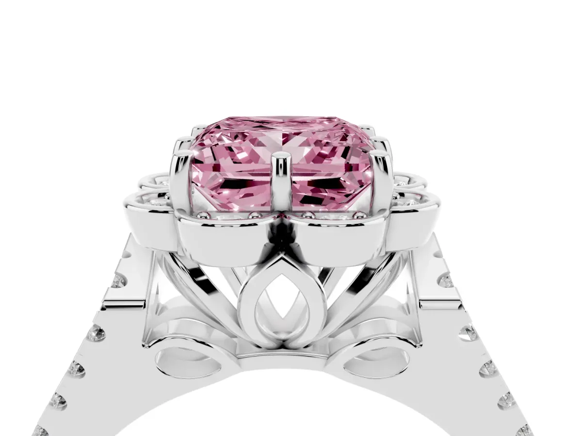 Fancy Pink Princess Cut Halo Diamond Floral Split Shank Engagement Ring Silver