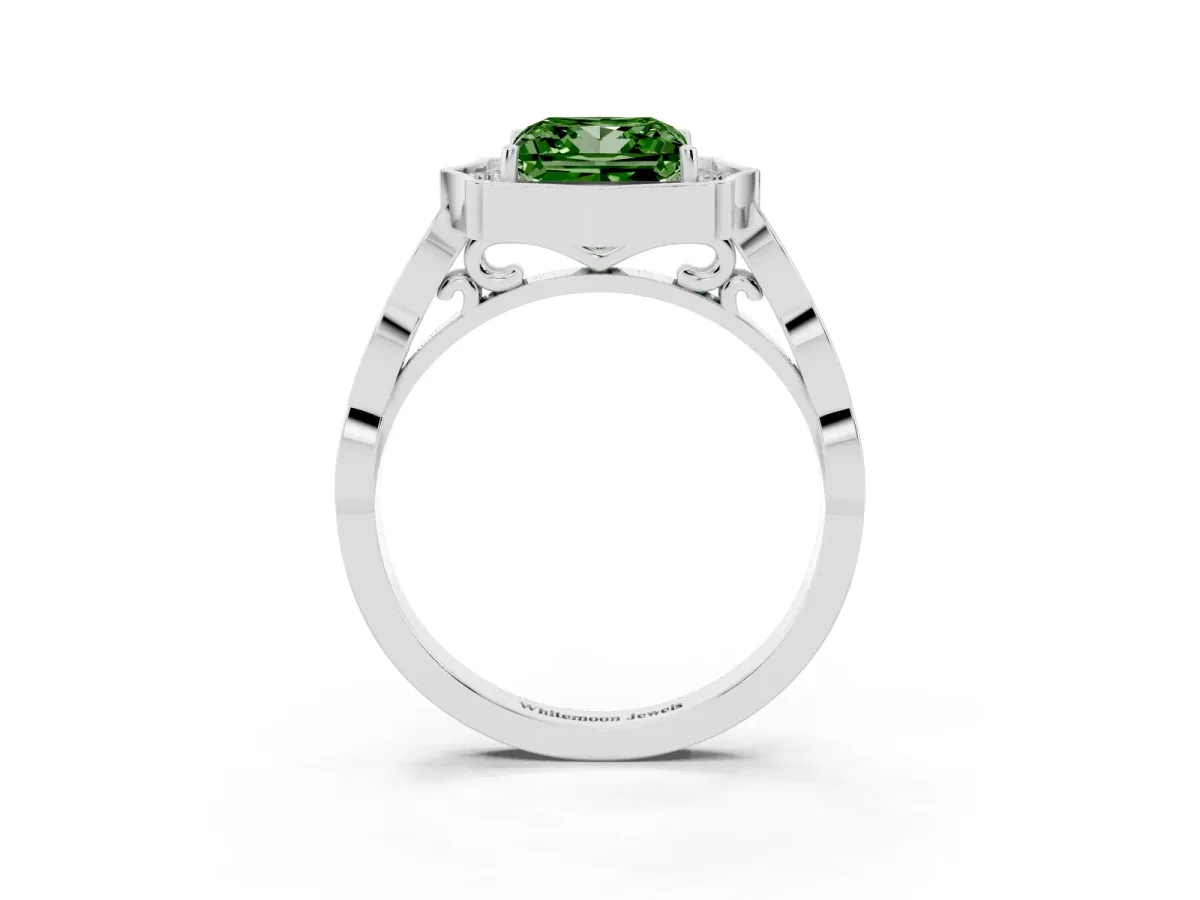 Fancy Green Princess Cut Halo Diamond Engagement Ring with Milgrain Band and Four-Prong Setting Silver