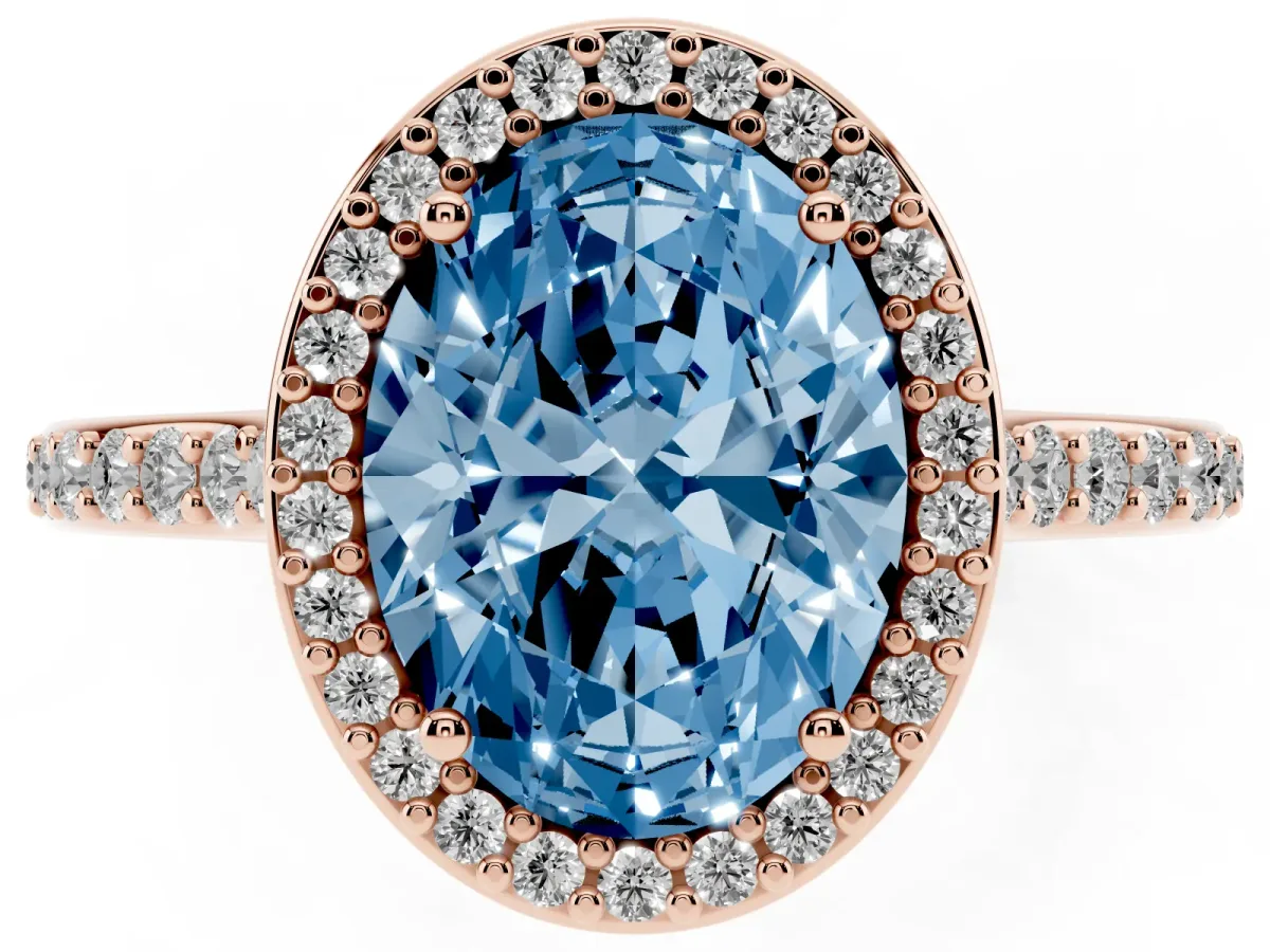 Fancy Blue Oval Cut Diamond Halo Engagement Ring with Round Pavé Shoulders and Prong Setting Rose gold