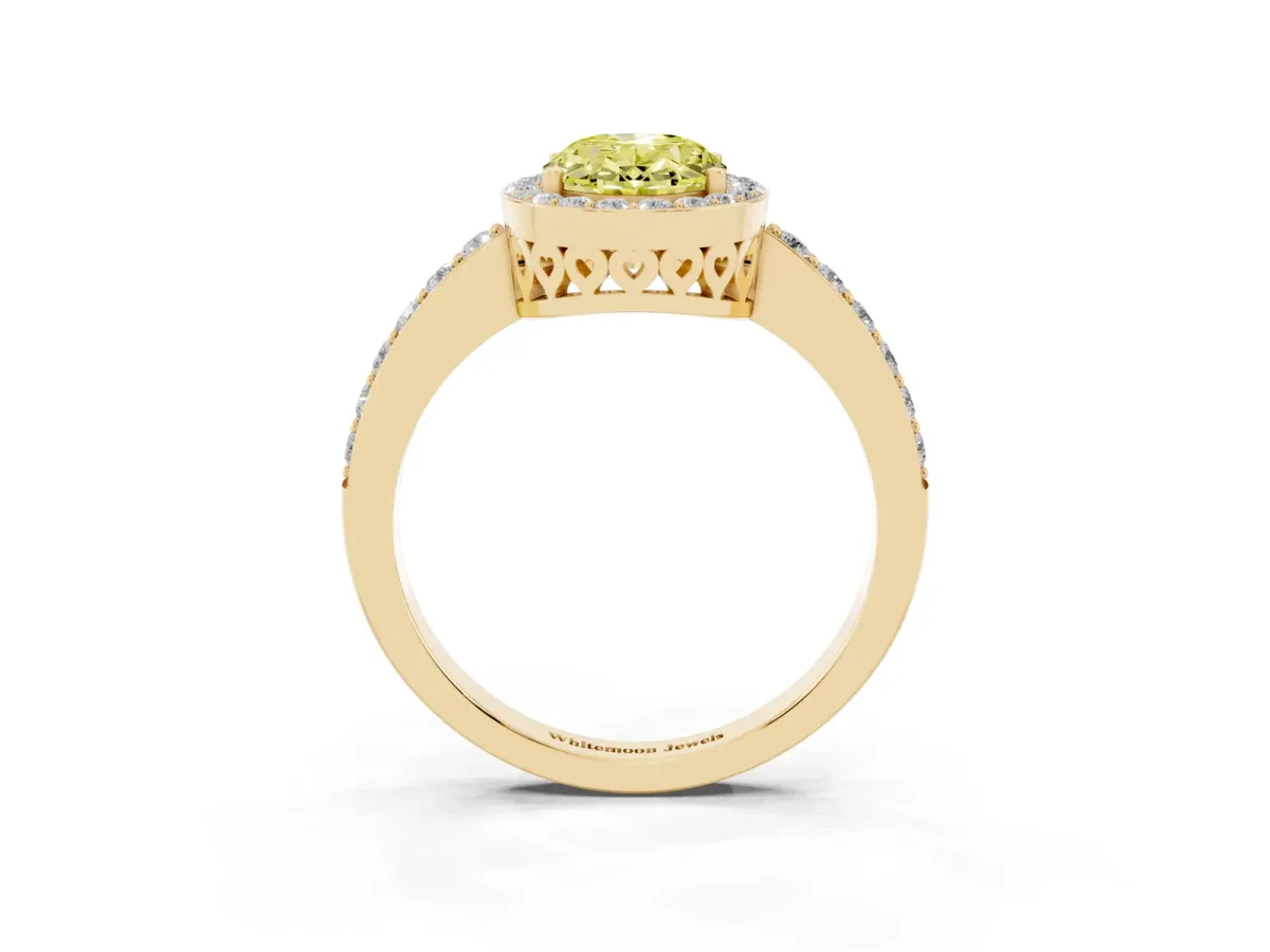 Fancy Yellow Oval Cut Halo Diamond Pavé Band Ring with Prong Setting Yellow gold