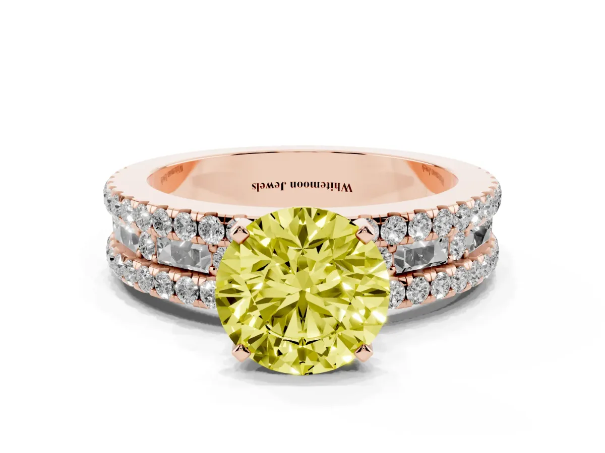 Fancy Yellow Round Cut Diamond Solitaire Ring with Pavé and Channel Set Band Rose gold