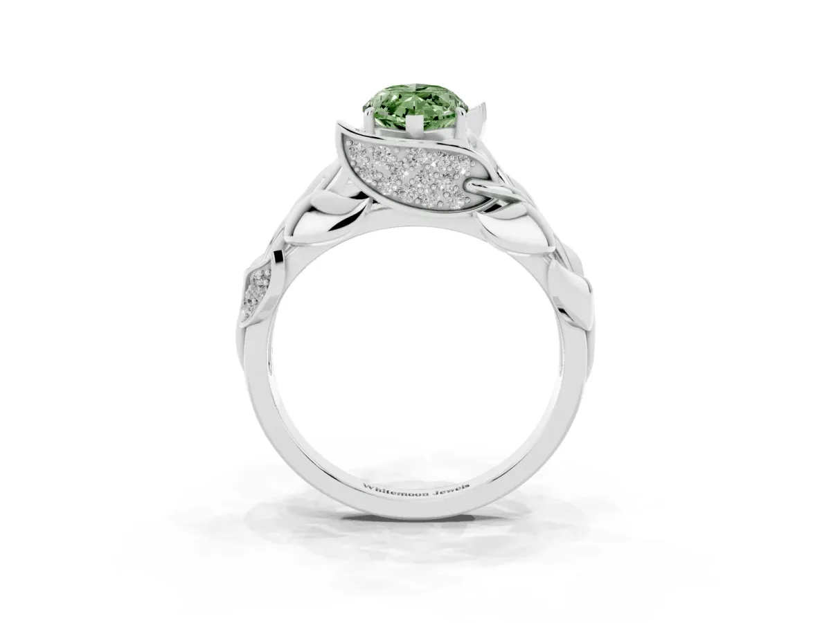 Fancy Green Marquise Cut Diamond Leaf-Inspired Engagement Ring with Round Accents and Prong Setting White gold