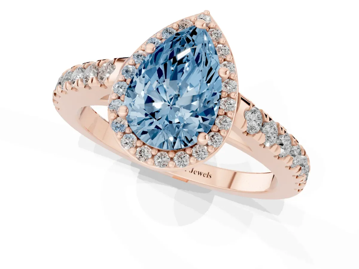 Fancy Blue Pear Cut Cut Halo Diamond Engagement Ring with Pave Band and Four-Prong Setting Rose gold
