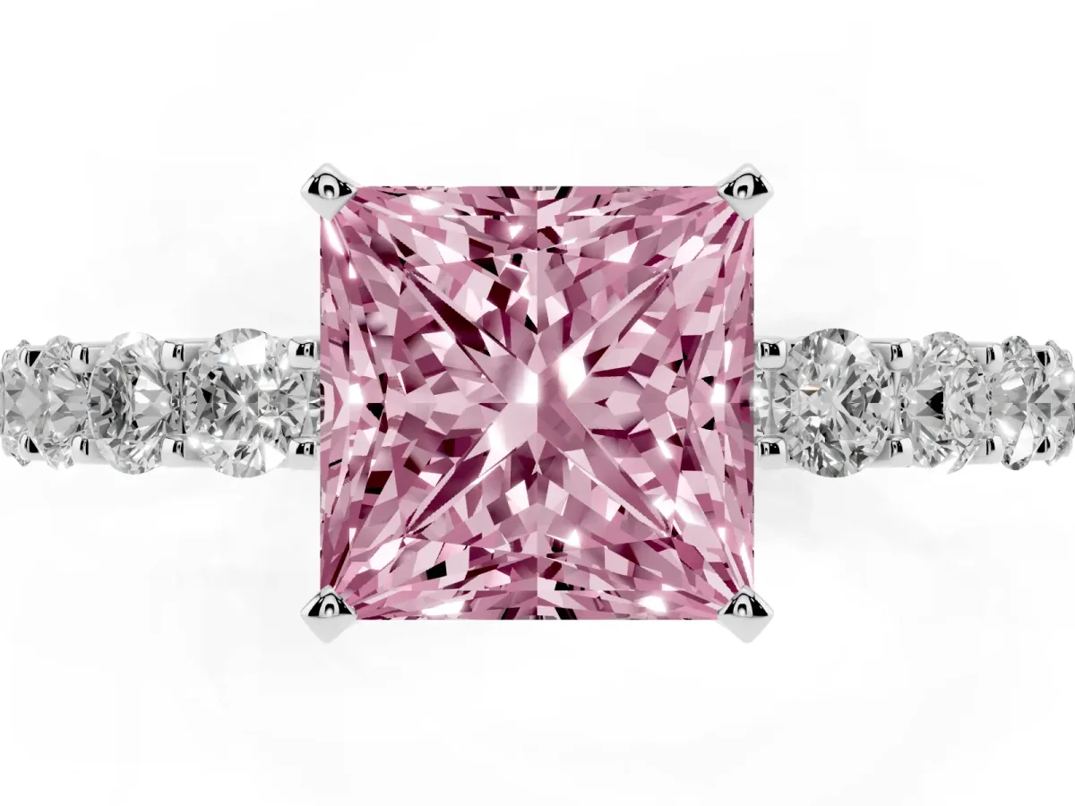Fancy Pink Princess Cut Diamond Solitaire Ring with Shared Prong Pavé Band and Four-Prong Setting Silver