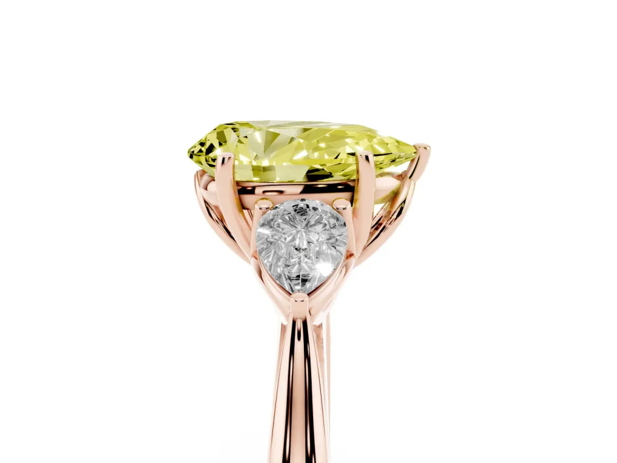 Fancy Yellow Pear Cut Diamond Three-Stone Ring with Pear Side Stones and Prong Setting Rose gold