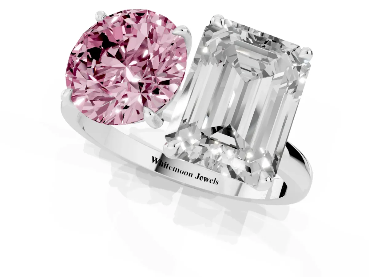 Fancy Pink Round Cut and Emerald Cut Toi Moi Ring with Prong Setting Silver