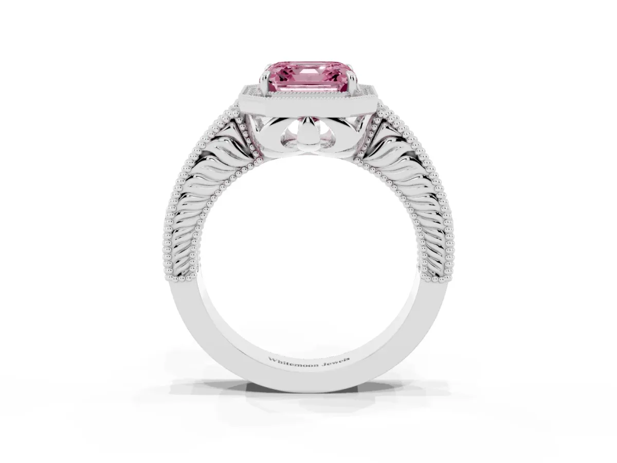 Fancy Pink Asscher Cut Cut Halo Diamond Ring with Pavé Band and Four-Prong Setting White gold