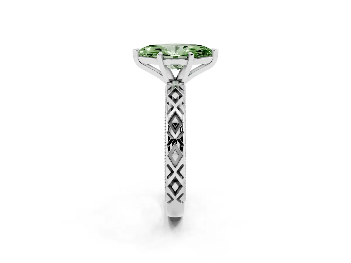 Fancy Green Marquise Cut Solitaire Diamond Ring with Milgrain and Black Enamel X Pattern Band Silver