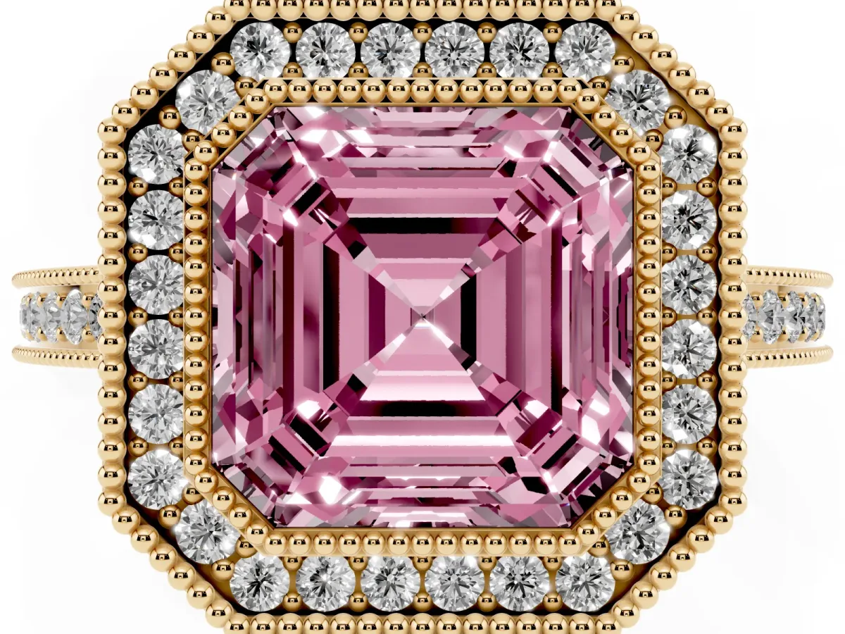 Fancy Pink Asscher Cut Cut Halo Diamond Ring with Pavé Band and Milgrain Prong Setting Yellow gold