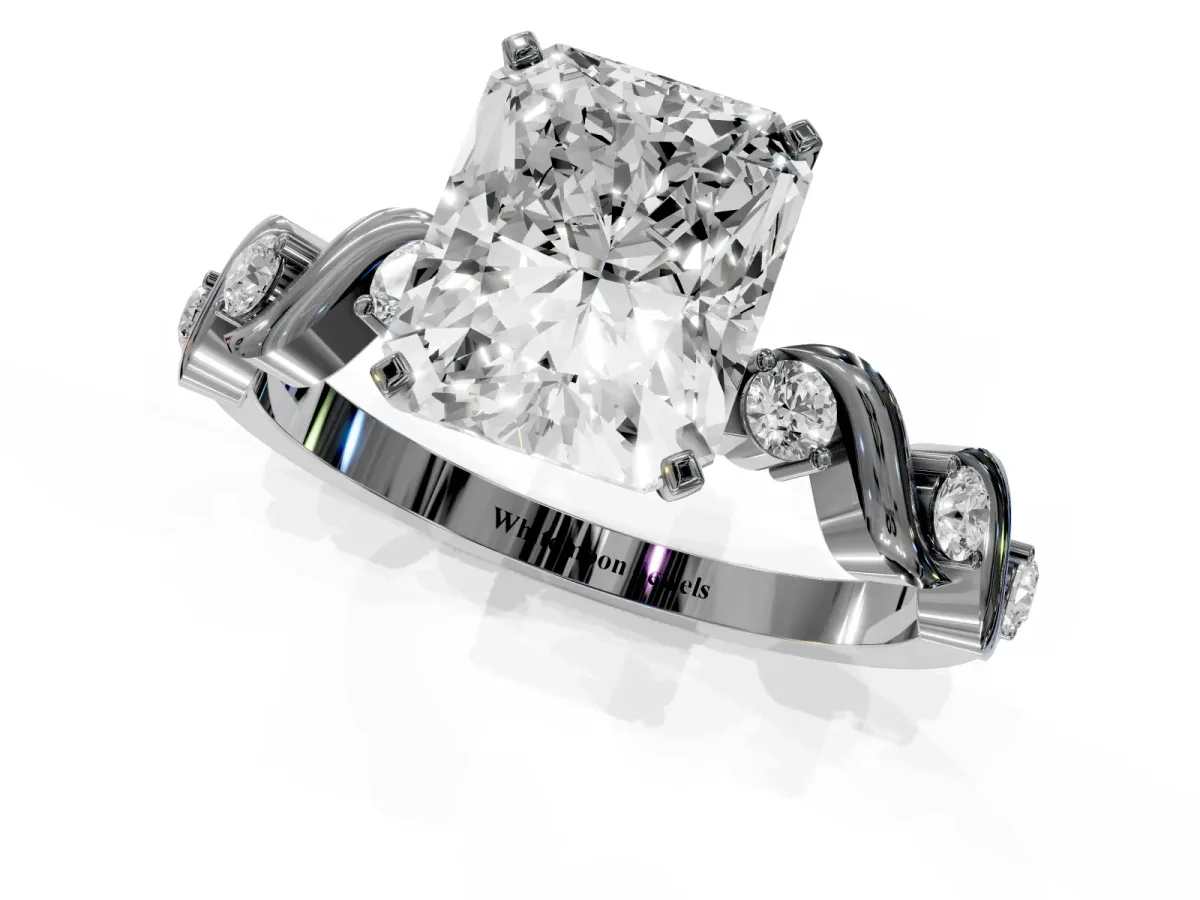 Radiant Cut Diamond Solitaire Twisted Band with Round Accents and Prong Setting Silver