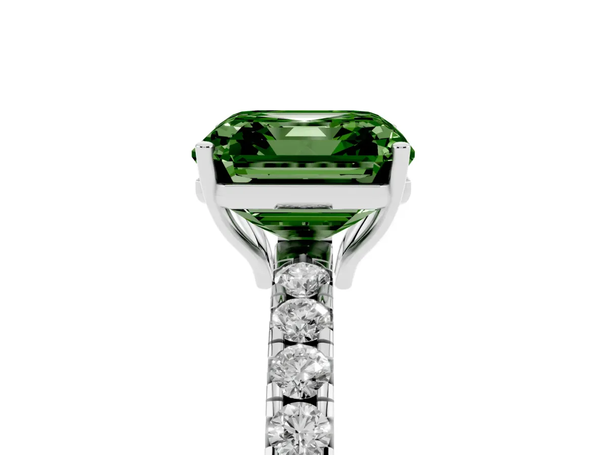 Fancy Green Asscher Cut Diamond Pavé Solitaire Engagement Ring with Four-Prong Setting Silver