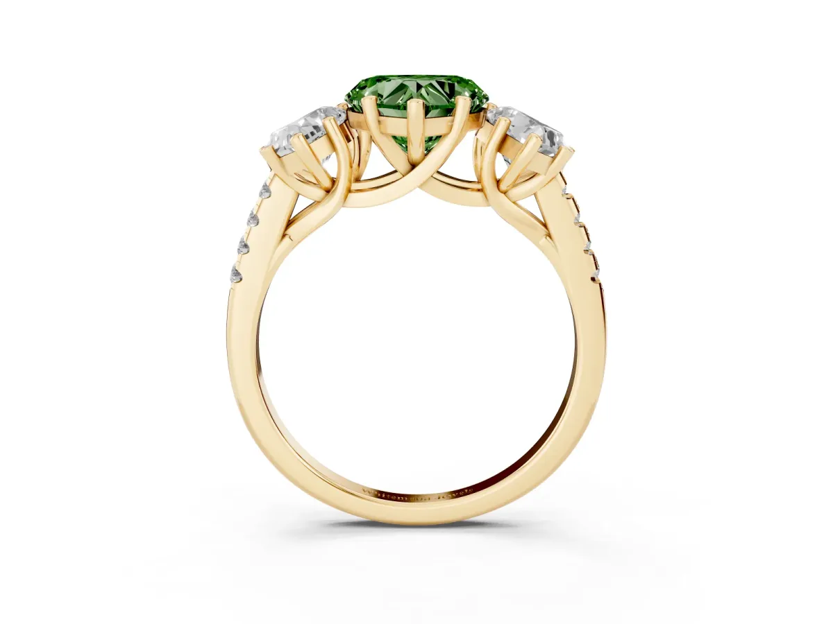 Fancy Green Three-Stone Heart Cut Diamond Ring with Round Pavé Band and Prong Setting Yellow gold