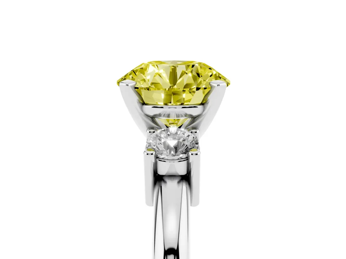 Fancy Yellow Three-Stone Round Cut Cut Diamond Solitaire with Prong Setting and Classic Band Silver