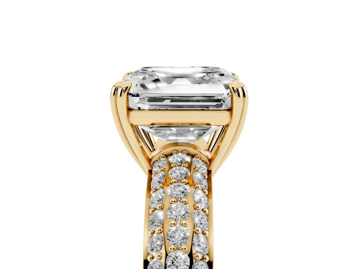 Asscher Cut Diamond Solitaire Ring with Multi-Row Round Pavé Band and Prong Setting Yellow gold