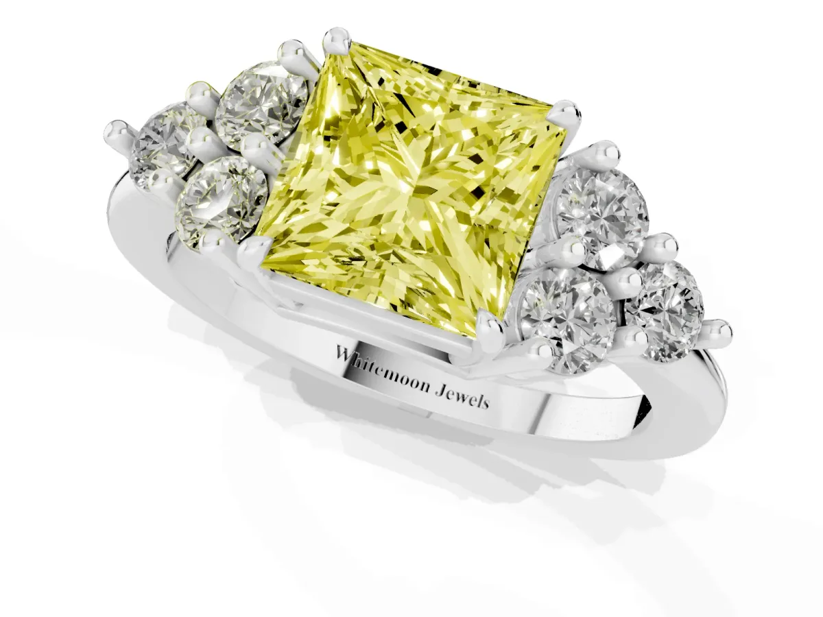 Fancy Yellow Princess Cut Brilliant Diamond Cluster Accent Solitaire Ring with Prong Setting Silver