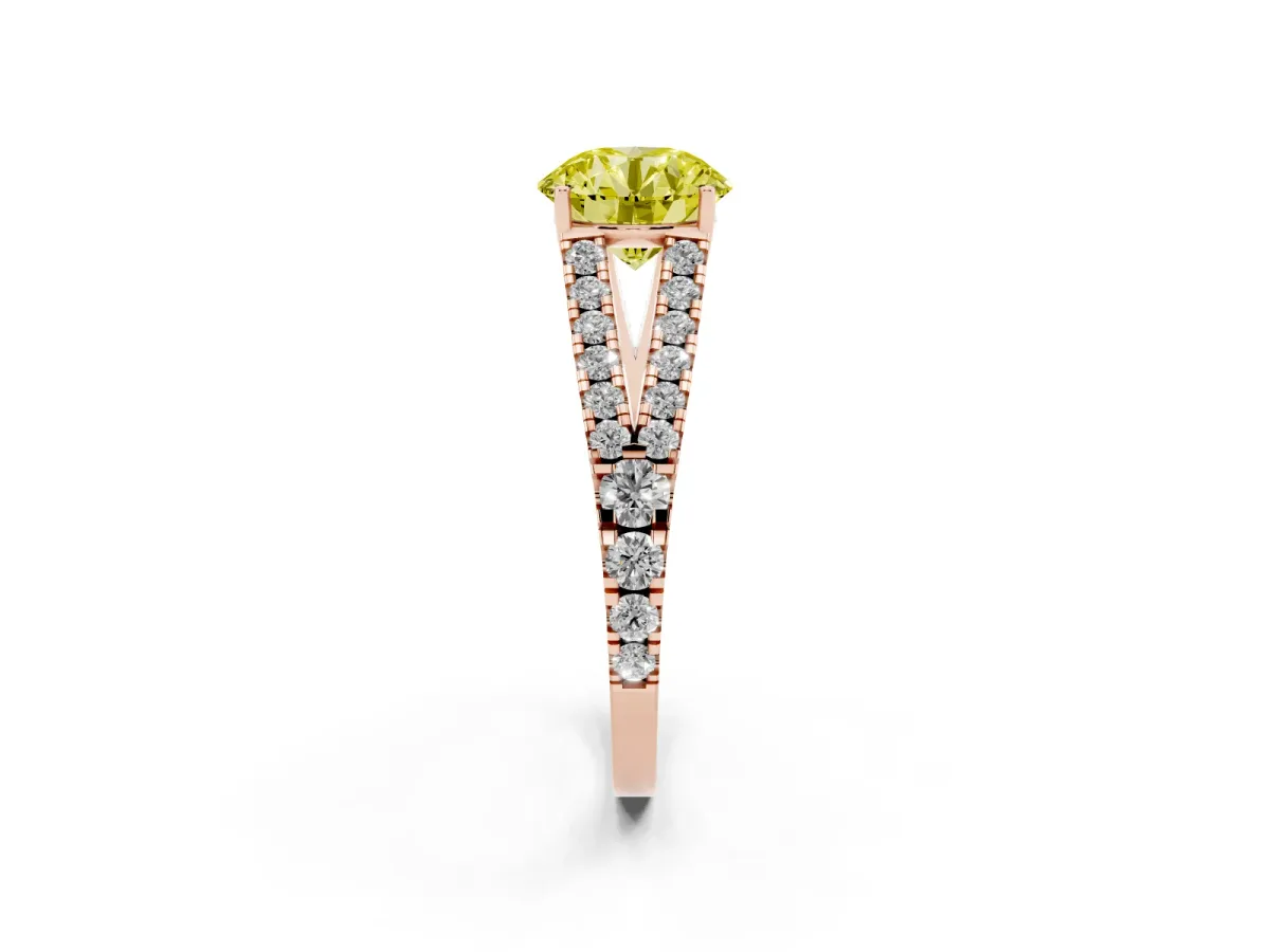 Fancy Yellow Round Cut Diamond Split Shank Engagement Ring with Round Pavé and Prong Setting Rose gold