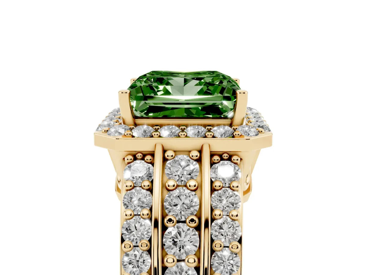 Fancy Green Princess Cut Halo Diamond Ring with Round Split Shank and Prong Setting Yellow gold