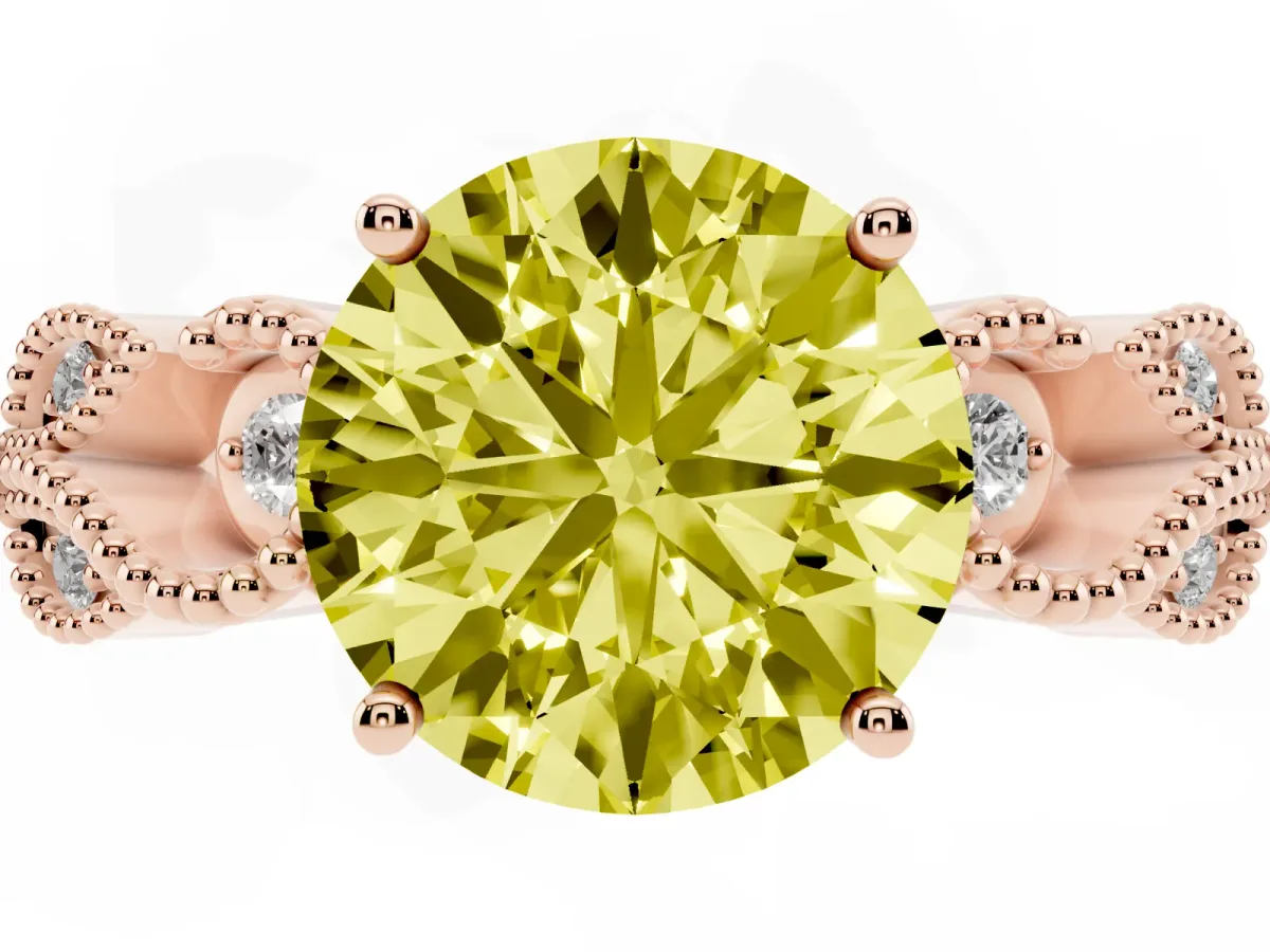 Fancy Yellow Round Cut Solitaire Milgrain Leaf Band with Prong Setting Rose gold