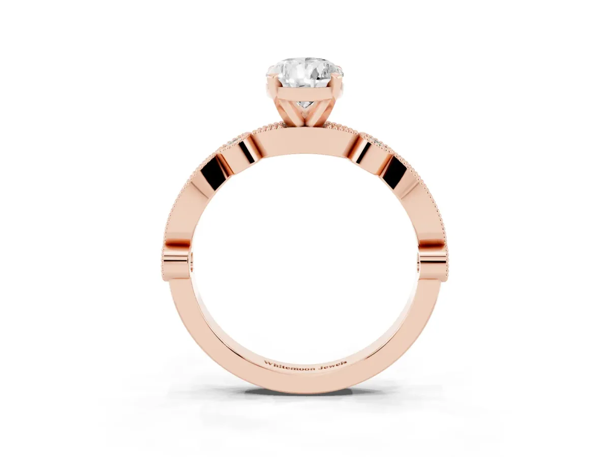 Pear Cut Milgrain Bezel Diamond Engagement Ring with Solitaire Prong Setting Rose gold
