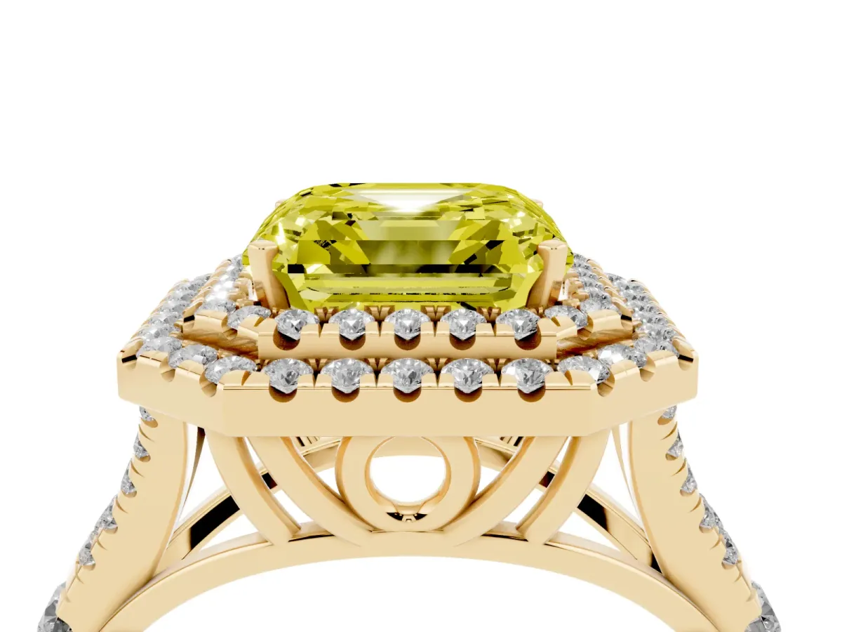 Fancy Yellow Asscher Cut Diamond Pavé Split Shank Double Halo Engagement Ring Yellow gold