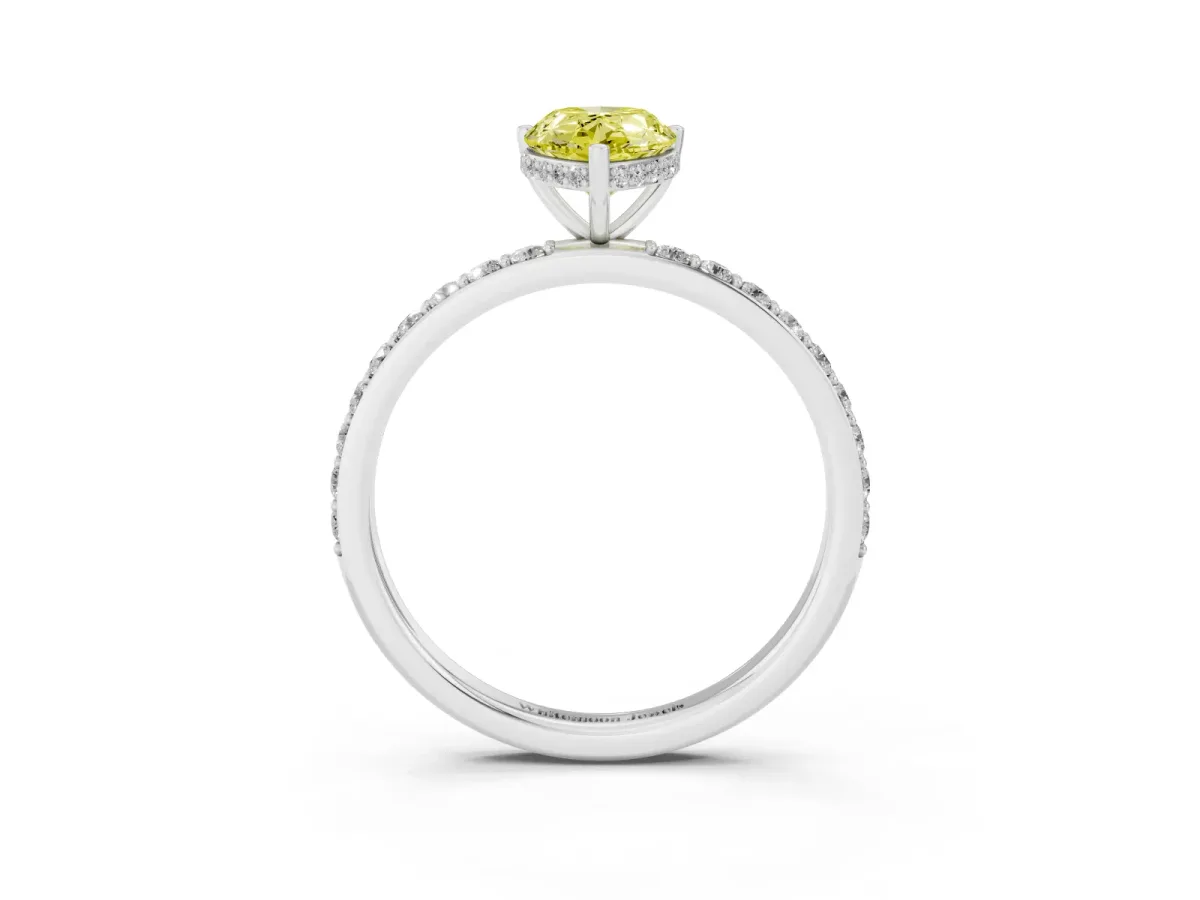 Fancy Yellow Pear Cut Diamond Solitaire Ring with Pavé Band and Hidden Halo Silver
