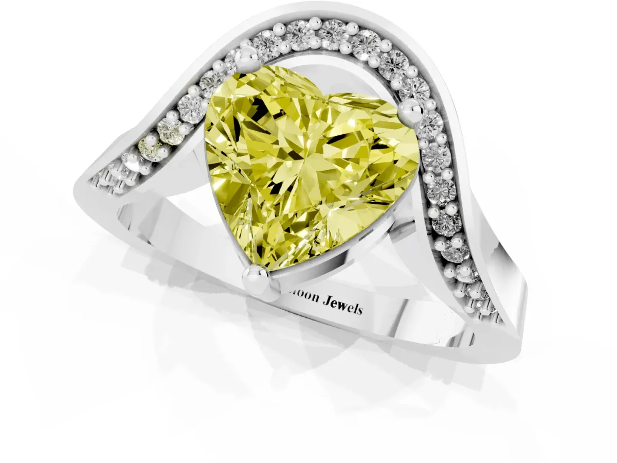 Fancy Yellow Heart Cut Solitaire Diamond Engagement Ring with Pave Band and Four-Prong Setting Silver
