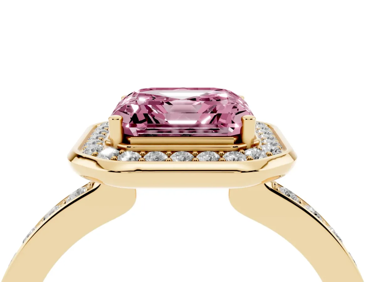 Fancy Pink Asscher Cut Diamond Halo Ring with Bezel Frame and Pavé Band Yellow gold