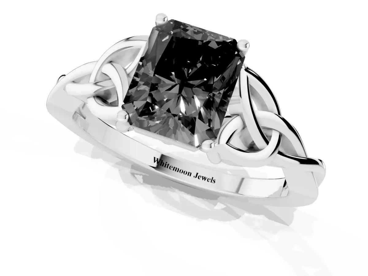 Fancy Black Radiant Cut Diamond Solitaire Engagement Ring with Celtic Knot Band and Four-Prong Setting White gold