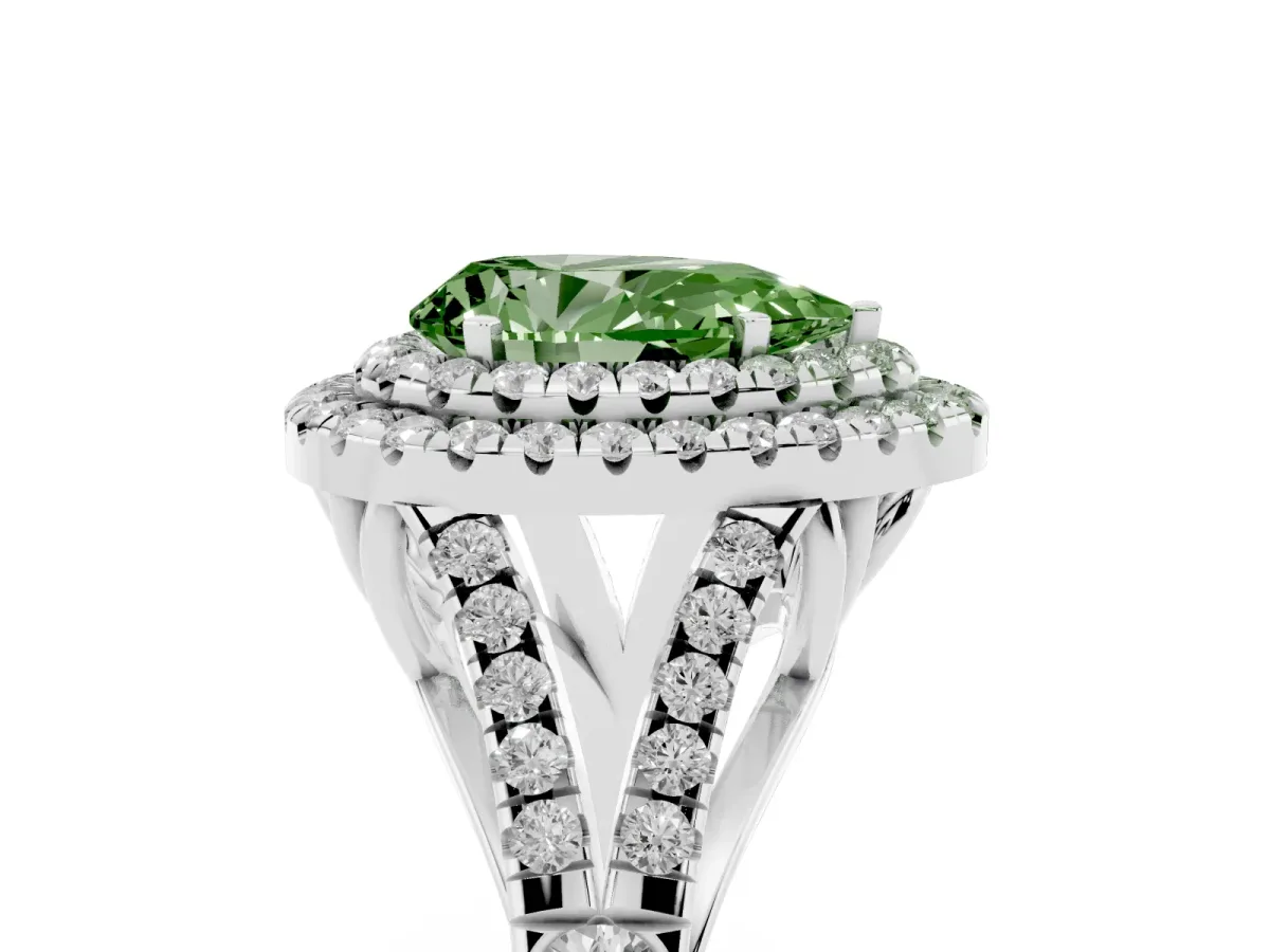 Fancy Green Pear Cut Diamond Double Halo Ring with Split Shank and Prong Setting Silver