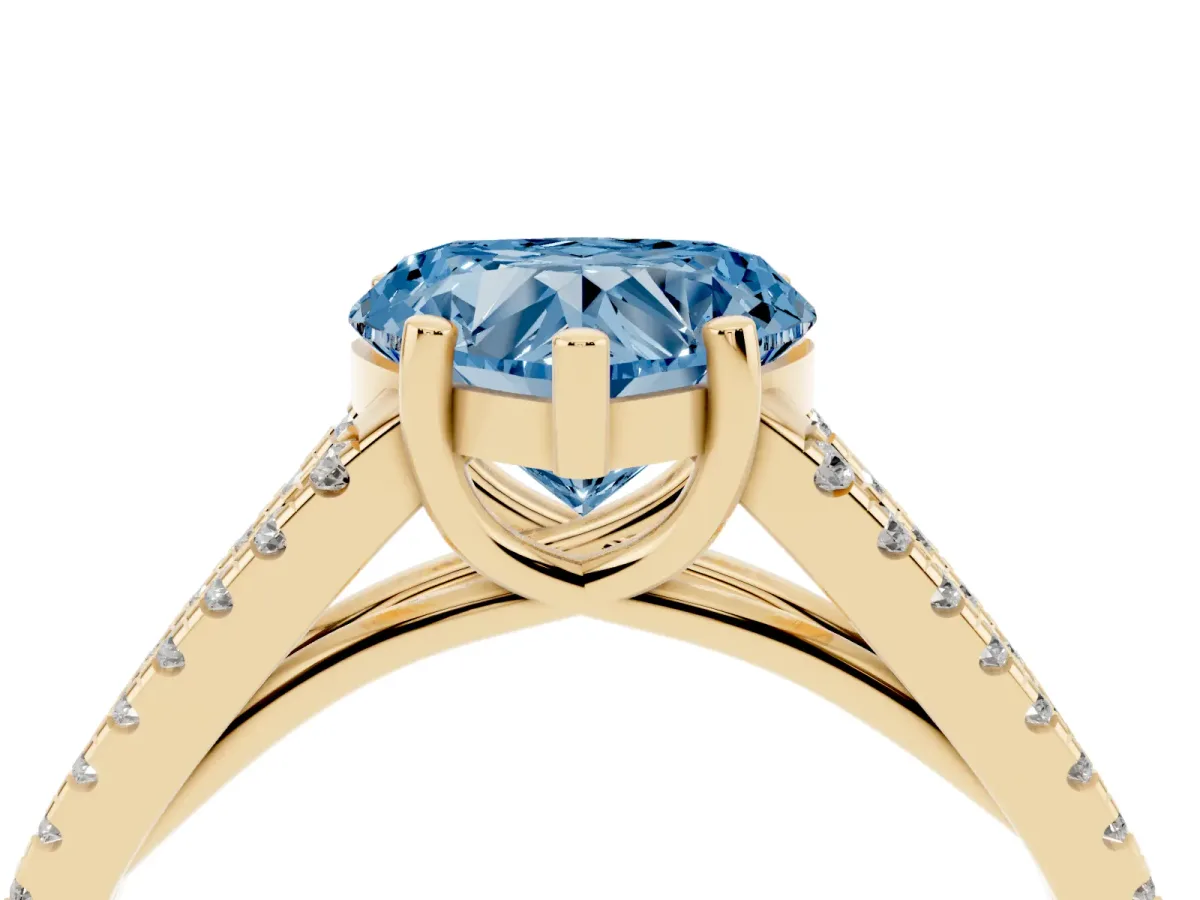 Fancy Blue Heart Cut Diamond Solitaire Engagement Ring with Split Shank Pavé Band Yellow gold