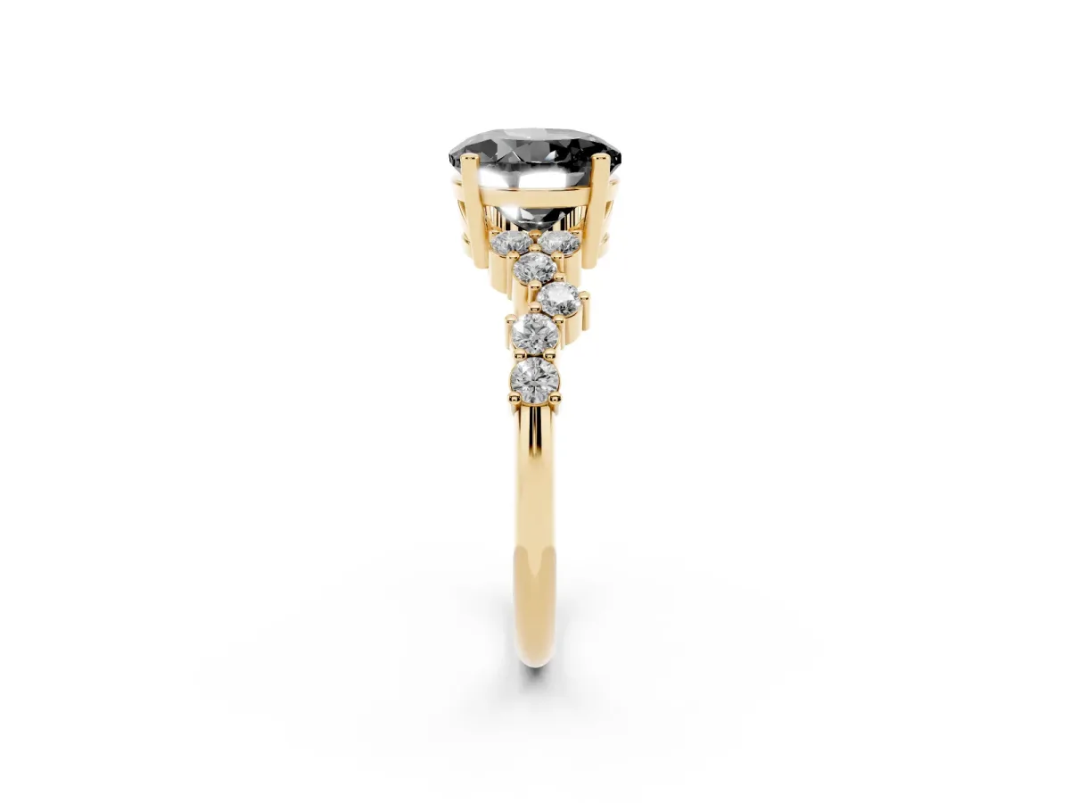 Fancy Black Round Cut Diamond Scattered Round Accent Ring with Prong Setting Yellow gold
