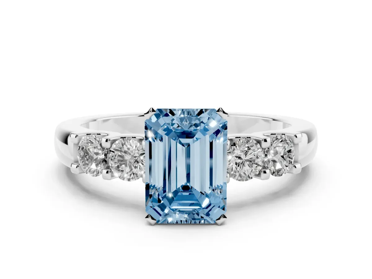 Fancy Blue Emerald Cut Brilliant Cut Diamond Five-Stone Prong Set Engagement Ring with Channel Band Silver