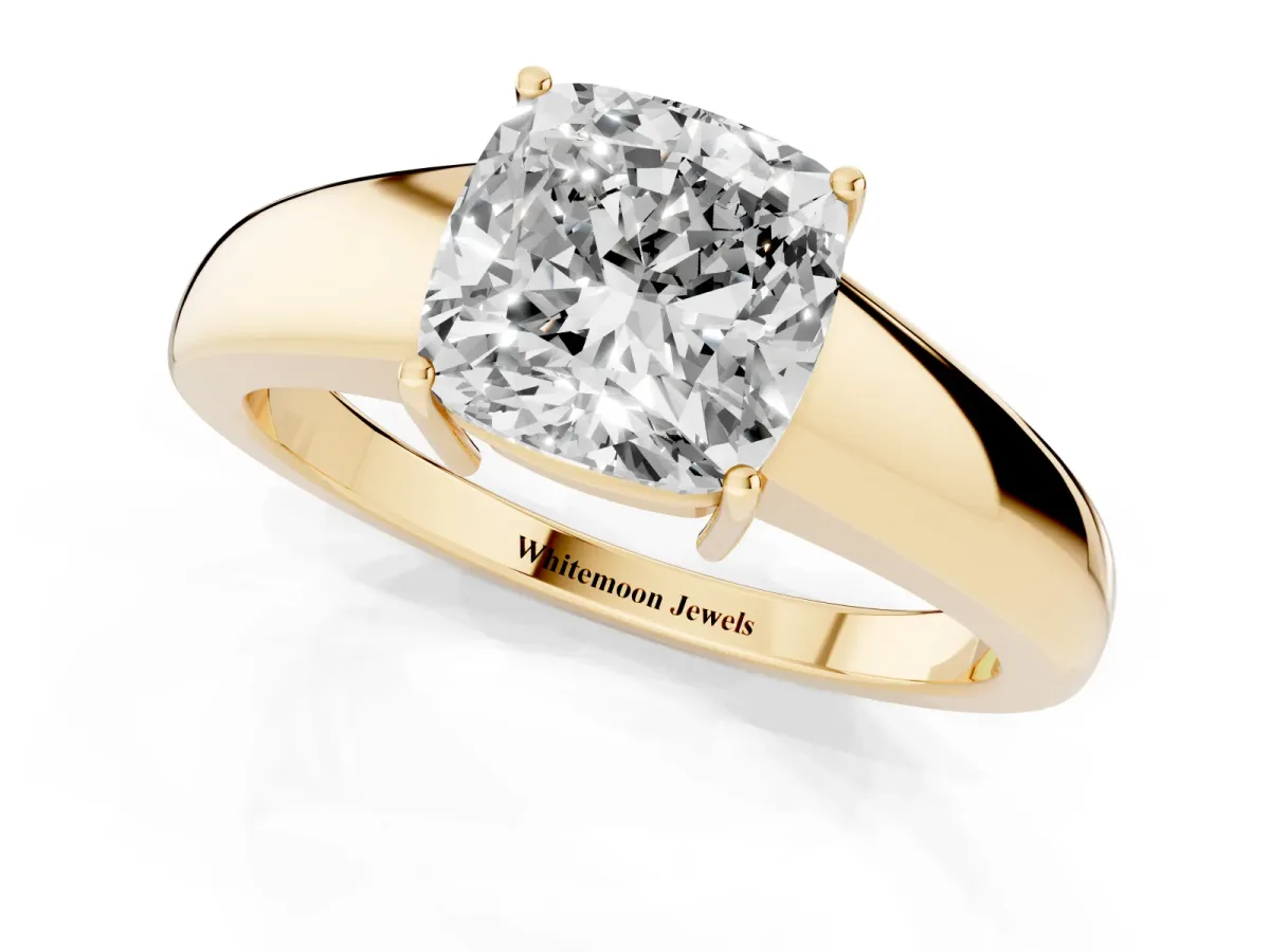 Cushion Cut Solitaire Diamond Ring with Tapered Band and Four-Prong Setting Yellow gold
