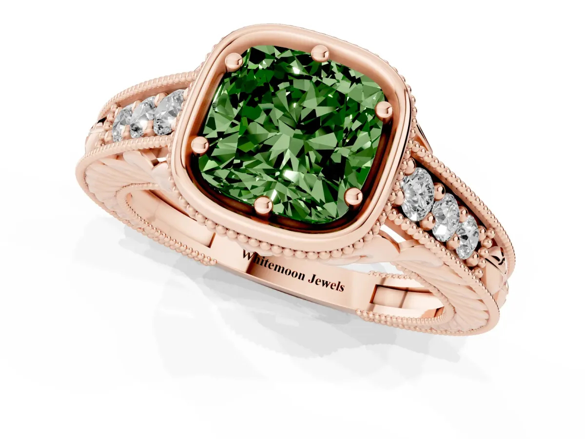 Fancy Green Bezel Set Cushion Cut Diamond Milgrain Pave Engagement Ring Rose gold