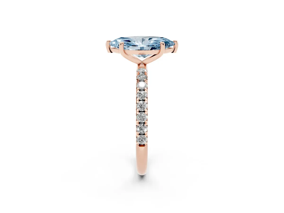 Fancy Blue Marquise Cut Cut Diamond Solitaire Ring with Micro Pave Band and Four Prong Setting Rose gold