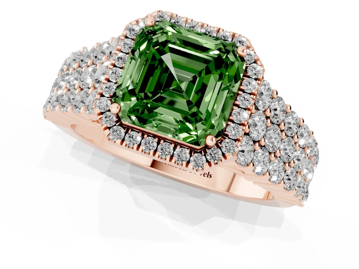 Fancy Green Asscher Cut Diamond Halo Engagement Ring with Triple Row Round Pavé Band and Prong Setting Rose gold