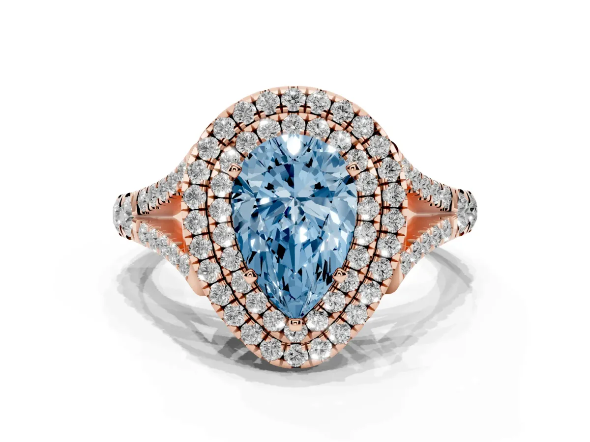 Fancy Blue Pear Cut Diamond Double Halo Ring with Split Shank and Prong Setting Rose gold