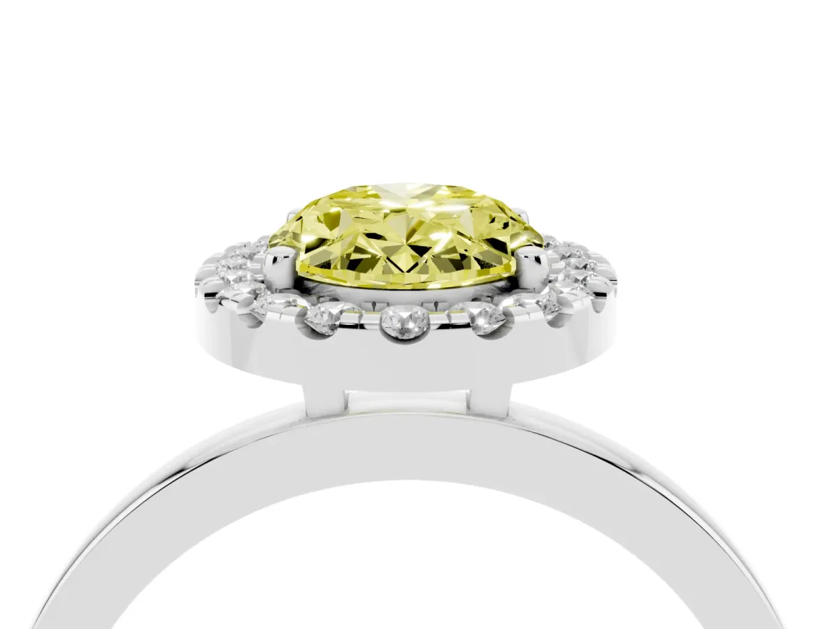Fancy Yellow Oval Cut Halo Diamond Solitaire with Pavé Band and Four-Prong Setting Platinum