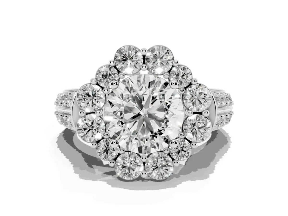 Round Cut Halo Diamond Engagement Ring with Split Shank and Prong Setting Silver